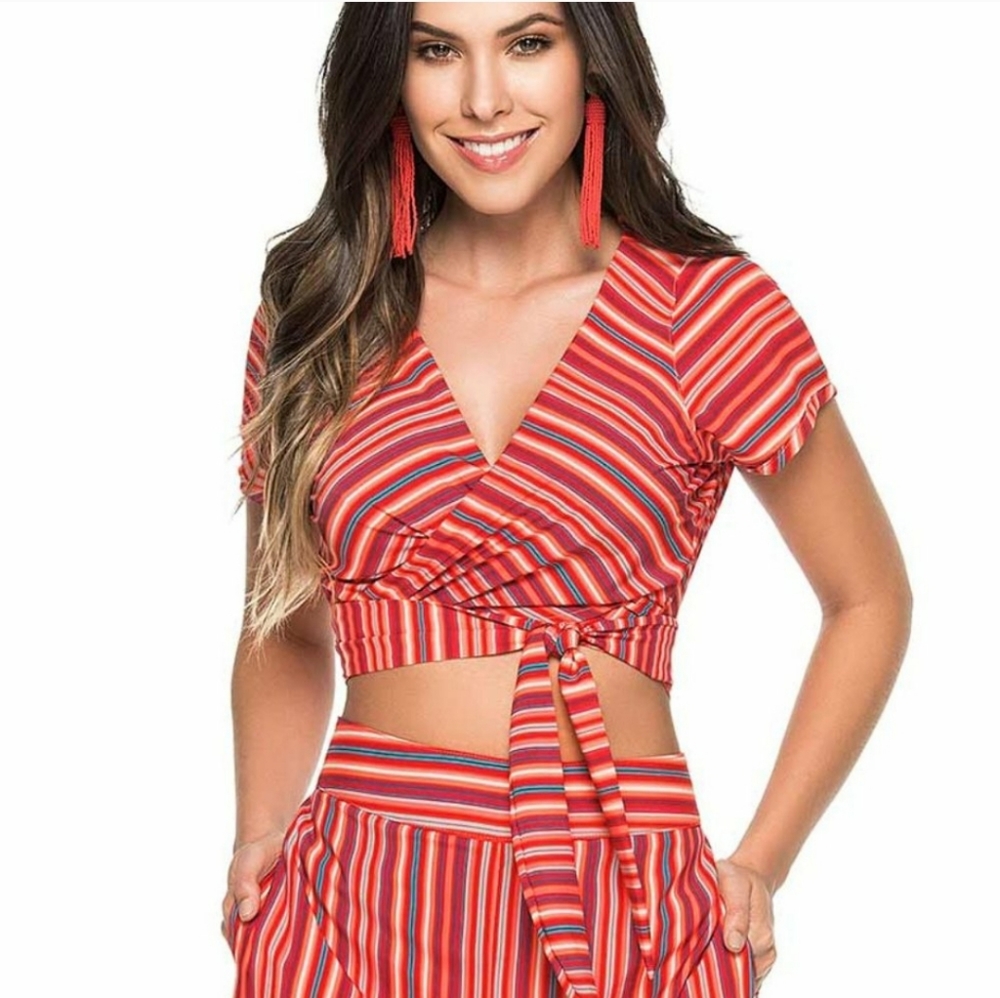 Phax Swimwear NWT Large striped v-neck front tie short sleeve swim cover Up